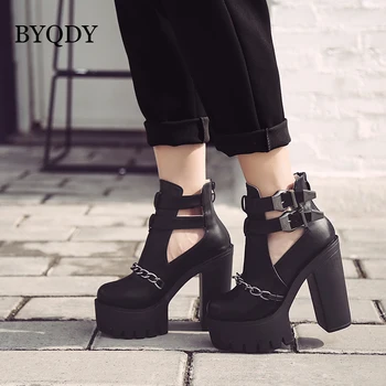 BYQDY/ женские ботинки на платформе и не сужающемся книзу массивном каблуке с металлическими цепочками и ремешком на щиколотке с двойной пряжкой, женская обувь в стиле панк, большие размеры