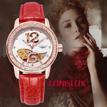 LONGLUX Лидирующий бренд, женские механические автоматические часы, Роскошные бриллиантовые женские наручные часы с кожаным ремешком, водонепроницаемые часы-браслет