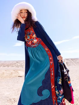 Бесплатная доставка, Модное Длинное платье Макси 2021, женское платье с длинным рукавом, вышивка в китайском стиле, S-XL, Зимнее Вельветовое плотное лоскутное