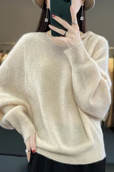 Женский свитер из 100% шерсти, осенне-зимний новый пуловер с капюшоном и рукавом 