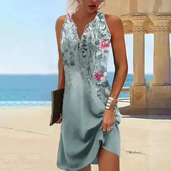 Женское платье классического кроя с цветочным принтом, богемное летнее платье трапециевидной формы с V-образным вырезом для женщин, свободный крой, женская мода для отпуска