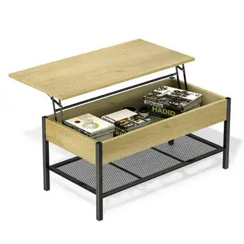 Журнальный столик с подъемной столешницей из дерева и металла, орех