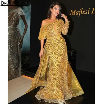 Золотое вечернее платье с оборками на одно плечо, Дубайское вечернее платье с длинным рукавом, расшитое бисером, Саудовское Арабское вечернее платье