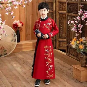 Китайский Новогодний костюм для мальчиков и Девочек, Красный, синий, Сценический костюм Hanfu, Одежда молодого мастера, платье для Косплея, костюм для детей, детский костюм
