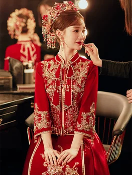 Китайское Традиционное Свадебное платье с пайетками и бисером, Одежда для тостов, Платья Невесты, Платье для выпускного вечера, Велюровый Чонсам