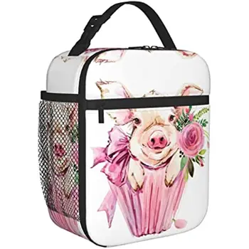 Коробка для ланча в виде свиньи, милая розовая сумка для ланча на белом фоне, изолированная герметичная портативная сумка для еды со съемной ручкой для пикника