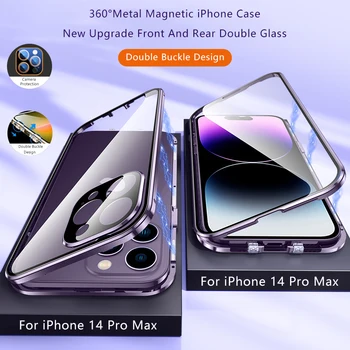 Магнитный Адсорбционный Металлический Чехол С Защелкивающимся Замком Для iPhone 14 13 12 11 Pro Max, Двусторонний Стеклянный Противоударный Чехол С полной Защитой Объектива