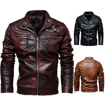 Мужская зимняя куртка в мотоциклетном стиле, пальто из искусственной кожи с флисовой подкладкой, черное теплое пальто, мужская одежда Больших размеров L-7XL