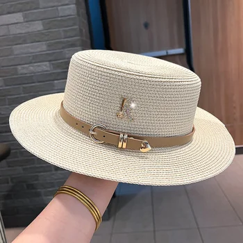 Новая металлическая пряжка с буквой R, Соломенная шляпа, Летняя солнцезащитная шляпа для отдыха, Женская модная Пляжная шляпа, Винтажная шляпа, Церковные шляпы