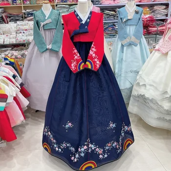 Новая мода Ханбок Вышивка Корейское традиционное народное сценическое шоу Изысканное Свадебное платье Ханбок для Новобрачных Красное и синее платье