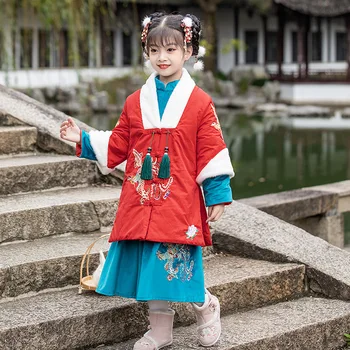Новогоднее платье с вышивкой Феникса для девочек, Китайский милый костюм эпохи Тан, Детская одежда с хлопковой подкладкой, детский хлопок, древний Ханфу