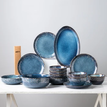 Обеденный набор из 9 предметов Винтажный керамический набор посуды из керамогранита с обеденной десертной тарелкой Миской Кружкой, безопасен для микроволновой печи W4761
