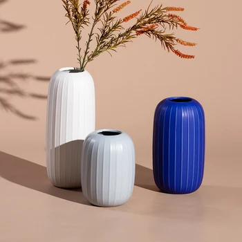 Простая керамическая ваза в бело-голубую полоску в скандинавском стиле, настольная цветочная посуда Morandi Art, украшения для дома, все ручной работы